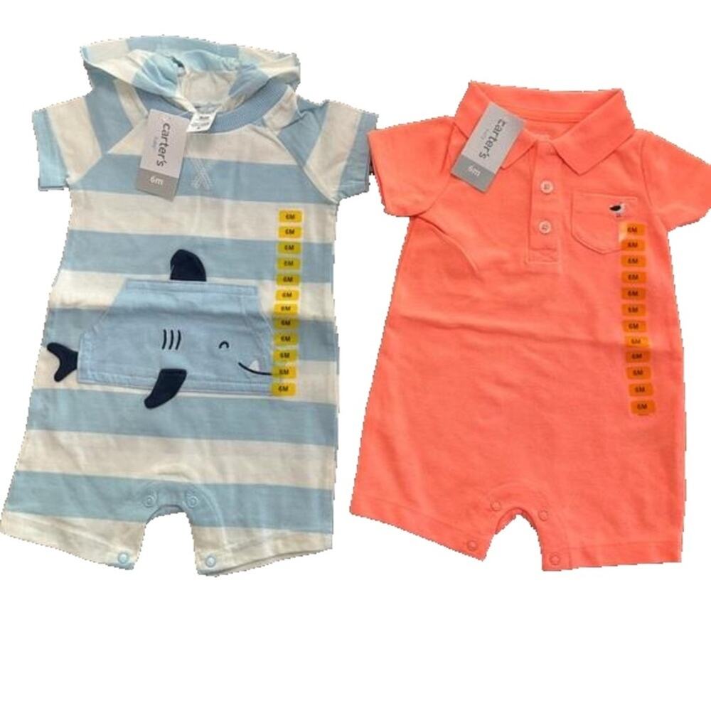 Carter's Boy’s 2 Rompers White Blue Cotton Polo 6 Month’s NWT
